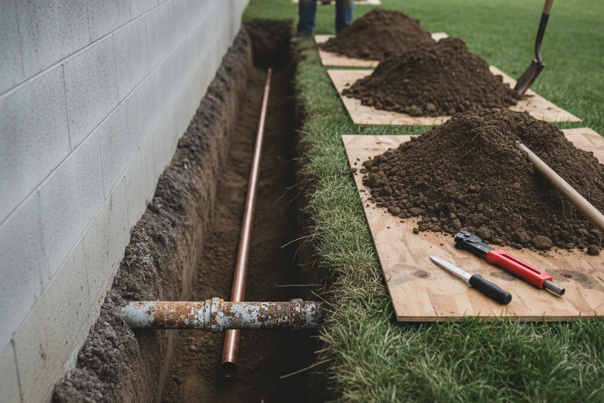 Excavated water line trench during Water Softener Installation in Milam